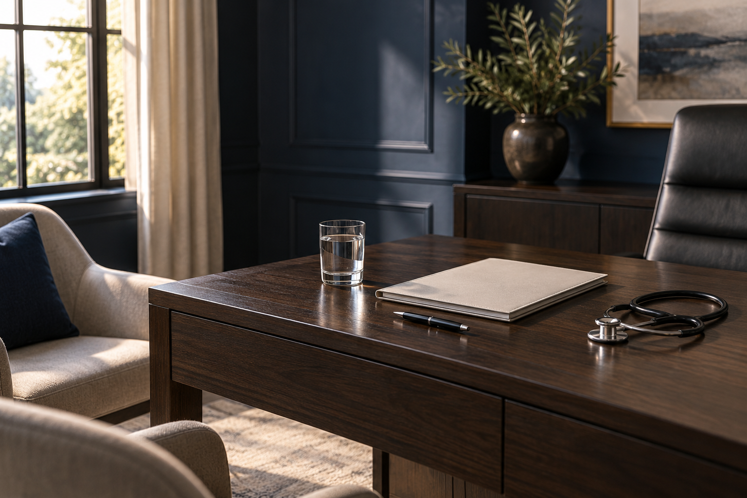 A quiet consultation workspace with a notebook and stethoscope
